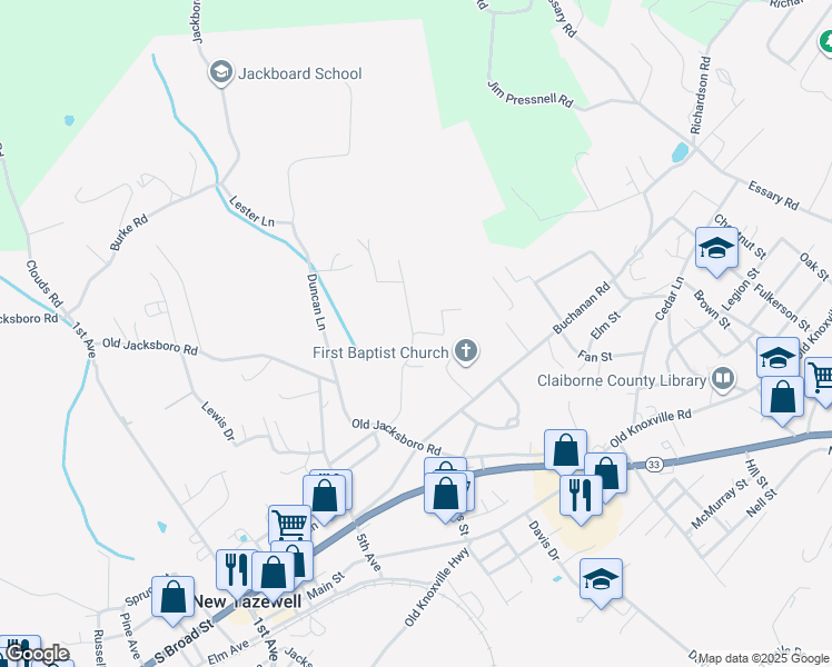 map of restaurants, bars, coffee shops, grocery stores, and more near 901 Debusk Lane in New Tazewell