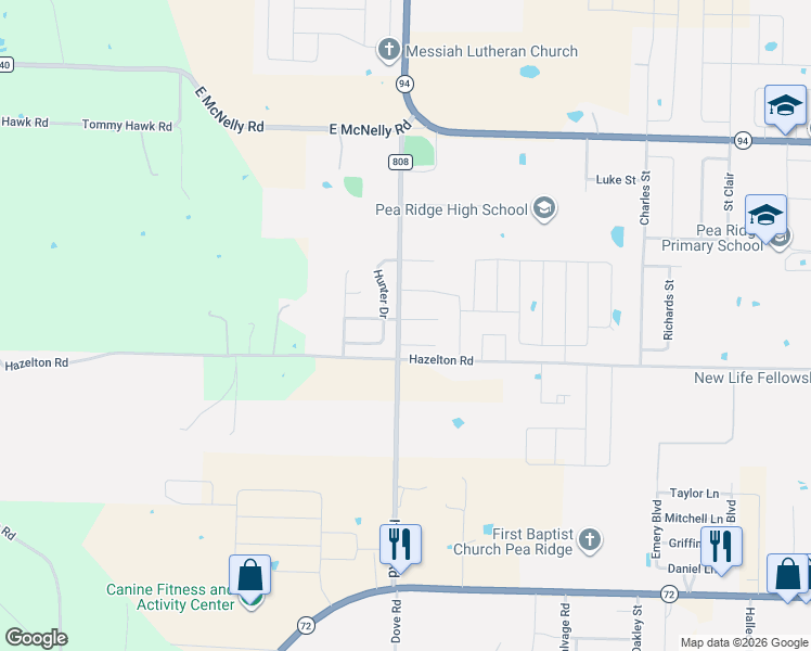 map of restaurants, bars, coffee shops, grocery stores, and more near 2070 Fields Cove in Pea Ridge