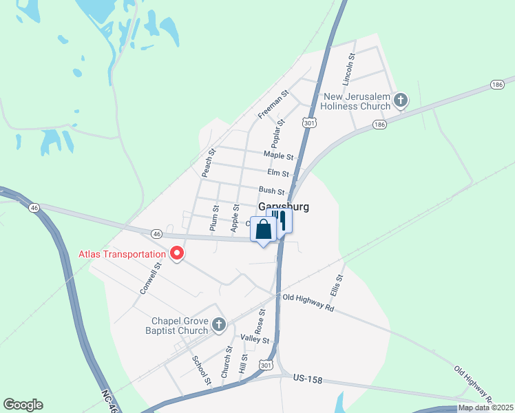 map of restaurants, bars, coffee shops, grocery stores, and more near Pear Street in Garysburg