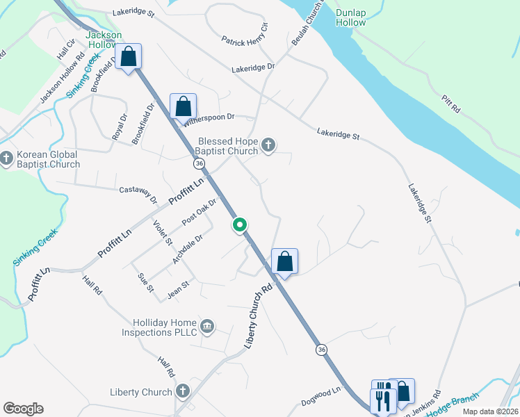map of restaurants, bars, coffee shops, grocery stores, and more near 392 Dillow Drive in Kingsport