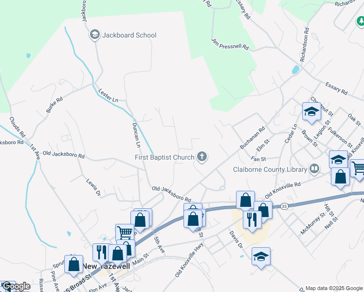 map of restaurants, bars, coffee shops, grocery stores, and more near 901 Debusk Lane in New Tazewell