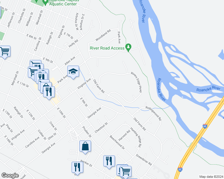 map of restaurants, bars, coffee shops, grocery stores, and more near 785 Rivers Edge Parkway in Roanoke Rapids