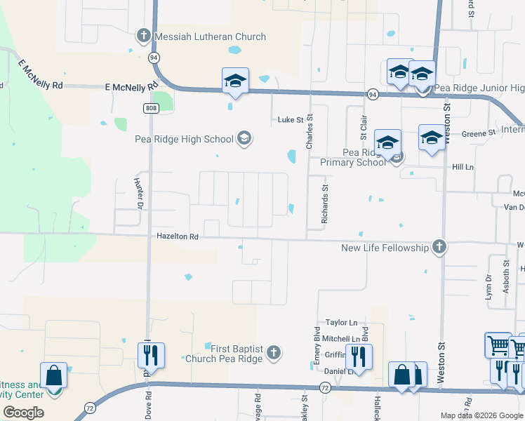 map of restaurants, bars, coffee shops, grocery stores, and more near 1563 Hazelton Road in Pea Ridge