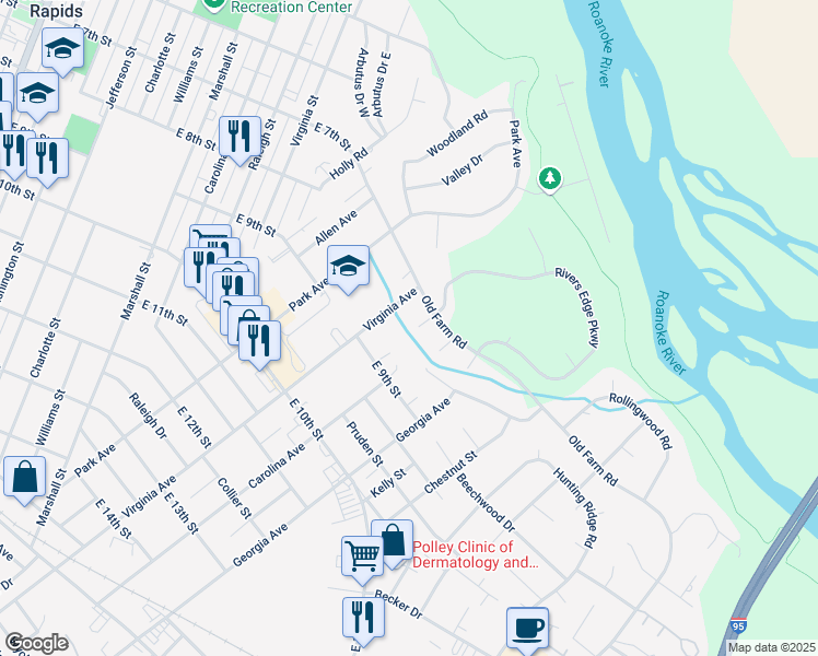 map of restaurants, bars, coffee shops, grocery stores, and more near 107 Brandy Court in Roanoke Rapids