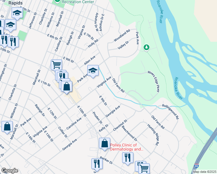 map of restaurants, bars, coffee shops, grocery stores, and more near 107 Brandy Court in Roanoke Rapids
