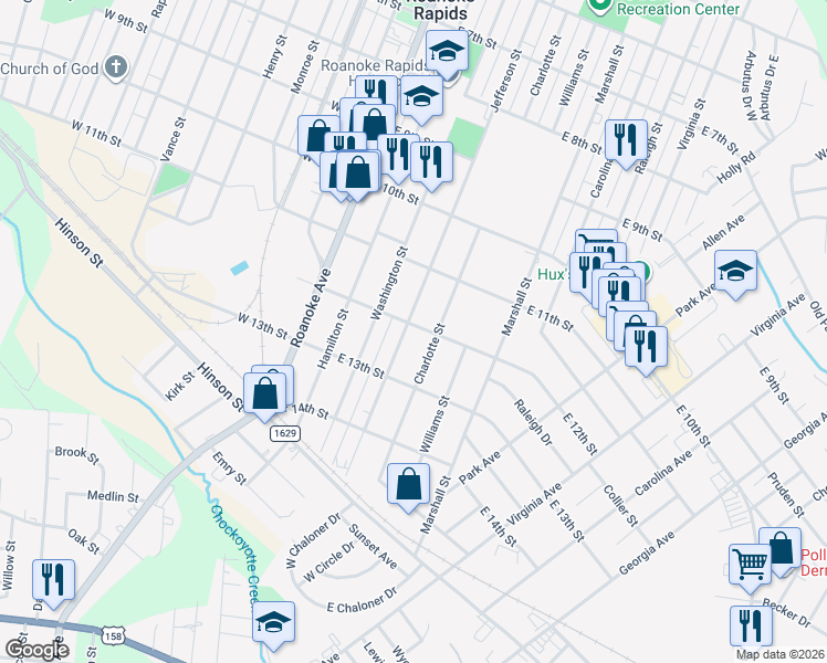 map of restaurants, bars, coffee shops, grocery stores, and more near 325 East 12th Street in Roanoke Rapids