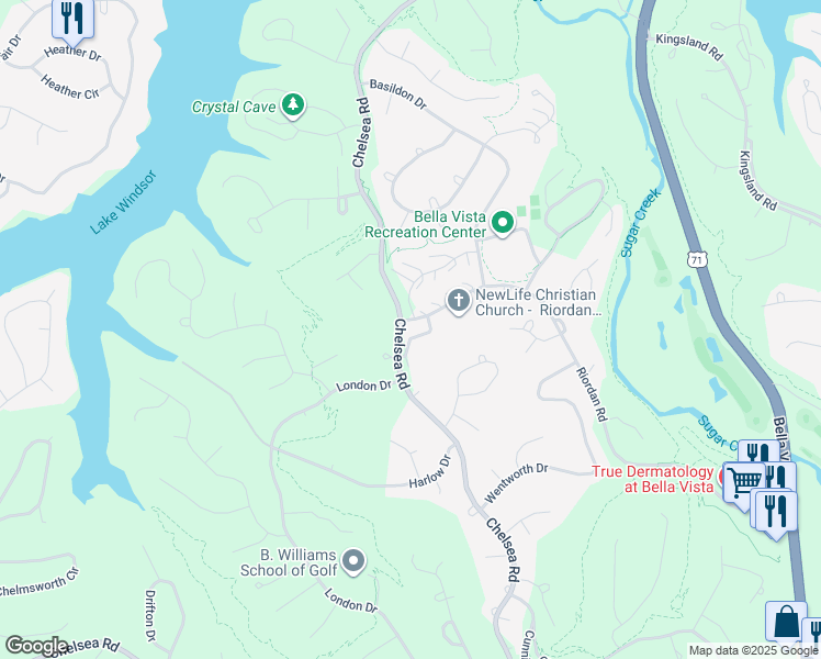 map of restaurants, bars, coffee shops, grocery stores, and more near 8 Teresa Drive in Bella Vista
