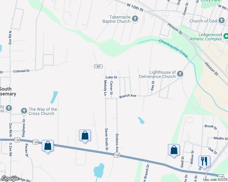 map of restaurants, bars, coffee shops, grocery stores, and more near 58 Carver Street in Roanoke Rapids