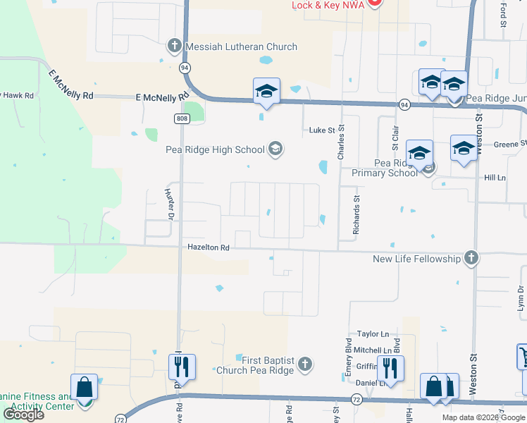 map of restaurants, bars, coffee shops, grocery stores, and more near 1850 Hazelton Road in Pea Ridge
