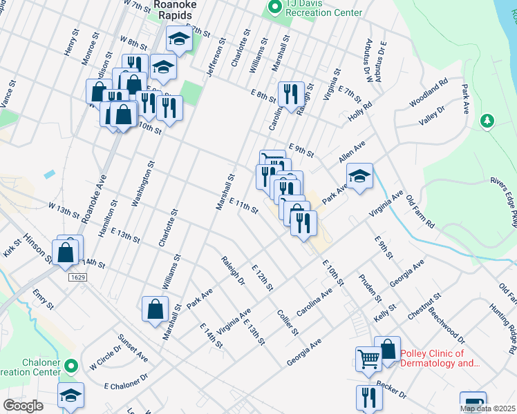 map of restaurants, bars, coffee shops, grocery stores, and more near 702 East 11th Street in Roanoke Rapids
