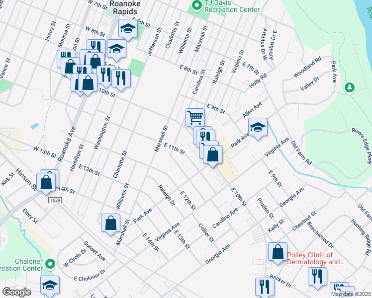 map of restaurants, bars, coffee shops, grocery stores, and more near 702 East 11th Street in Roanoke Rapids