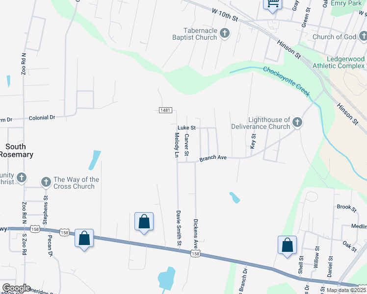 map of restaurants, bars, coffee shops, grocery stores, and more near 58 Carver Street in Roanoke Rapids
