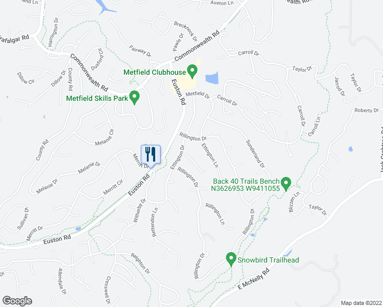 map of restaurants, bars, coffee shops, grocery stores, and more near 3 Dunstanburgh Lane in Bella Vista