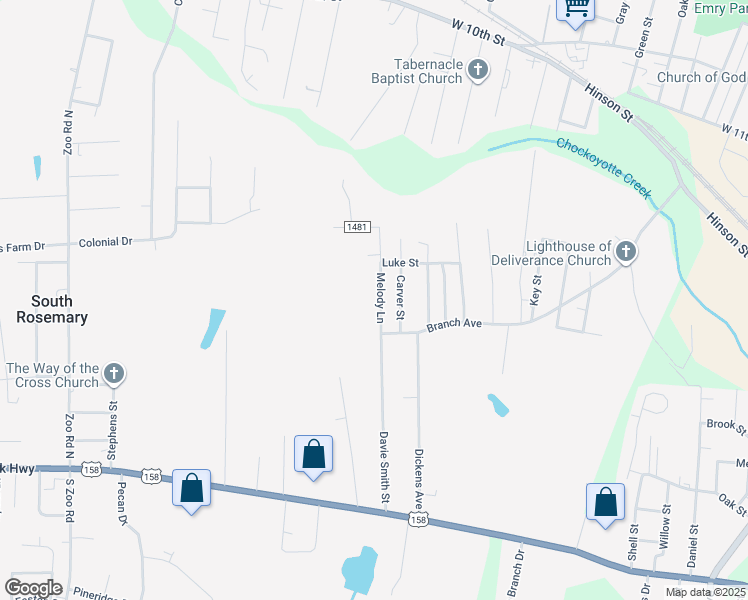 map of restaurants, bars, coffee shops, grocery stores, and more near 81 Melody Lane in Roanoke Rapids