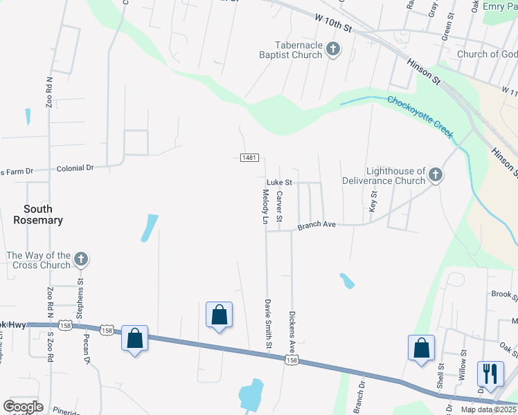 map of restaurants, bars, coffee shops, grocery stores, and more near 81 Melody Lane in Roanoke Rapids