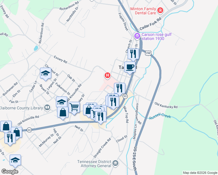 map of restaurants, bars, coffee shops, grocery stores, and more near 209 Irish Cemetery Rd in Tazewell