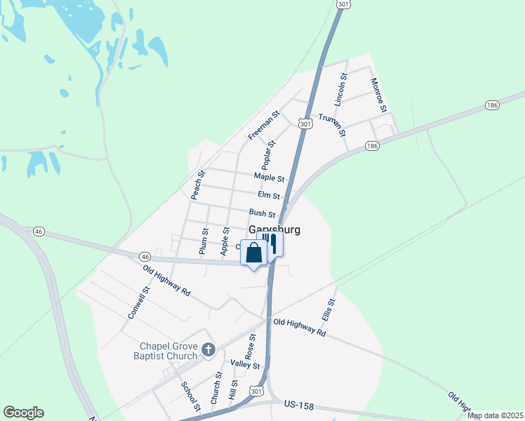 map of restaurants, bars, coffee shops, grocery stores, and more near 108 Bush Street in Garysburg
