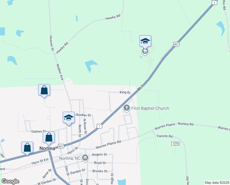 map of restaurants, bars, coffee shops, grocery stores, and more near King Drive in Norlina