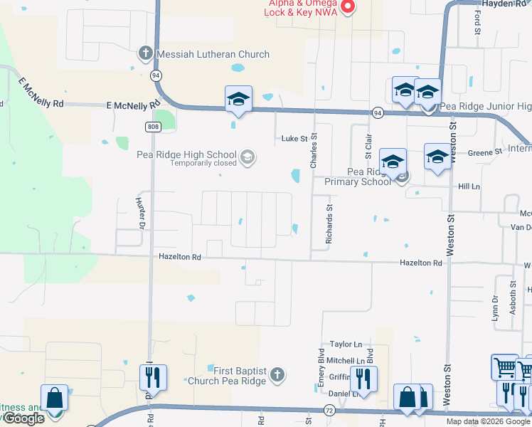 map of restaurants, bars, coffee shops, grocery stores, and more near 1563 Hazelton Road in Pea Ridge