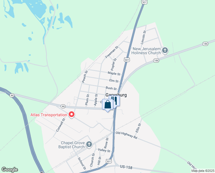 map of restaurants, bars, coffee shops, grocery stores, and more near Pear Street in Garysburg