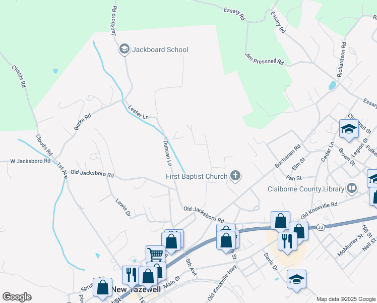 map of restaurants, bars, coffee shops, grocery stores, and more near 901 Debusk Lane in New Tazewell