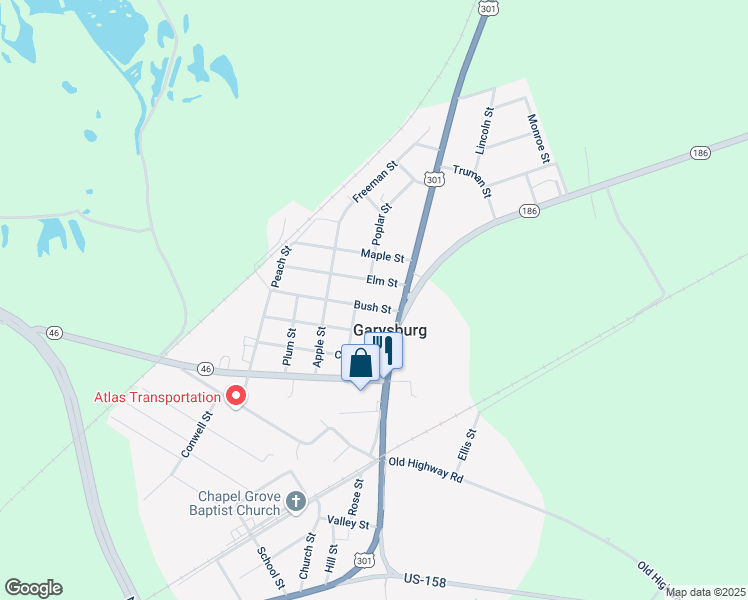 map of restaurants, bars, coffee shops, grocery stores, and more near 108 Bush Street in Garysburg
