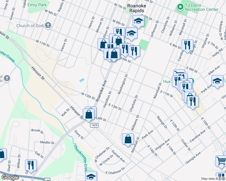 map of restaurants, bars, coffee shops, grocery stores, and more near 1200 Hamilton Street in Roanoke Rapids