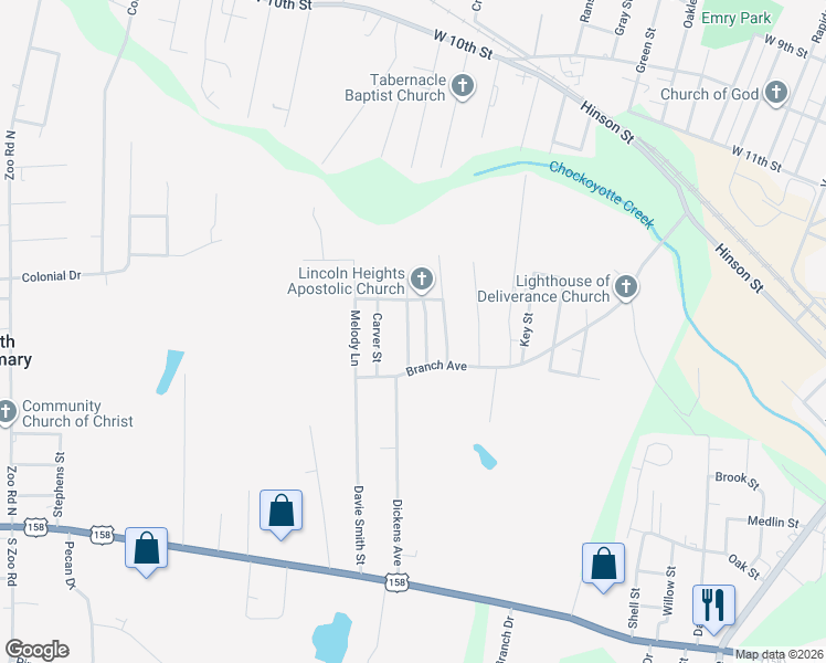 map of restaurants, bars, coffee shops, grocery stores, and more near 39 Bowser Street in Roanoke Rapids