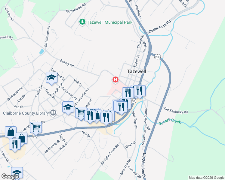 map of restaurants, bars, coffee shops, grocery stores, and more near 209 Irish Cemetery Rd in Tazewell