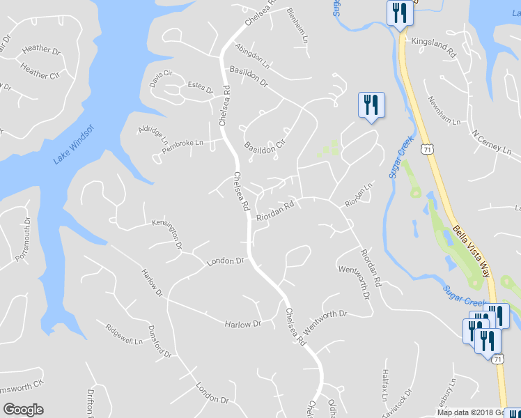 map of restaurants, bars, coffee shops, grocery stores, and more near 10 Gail Lane in Bella Vista