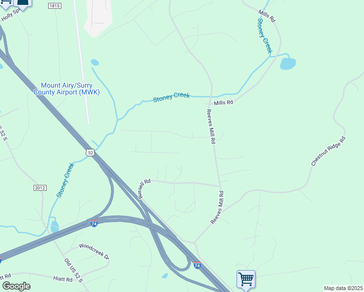 map of restaurants, bars, coffee shops, grocery stores, and more near 106 Southridge Place in Mount Airy