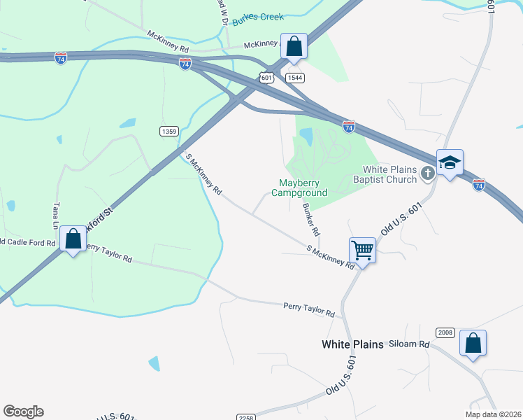 map of restaurants, bars, coffee shops, grocery stores, and more near 161 Rustic Village Trail in Mount Airy