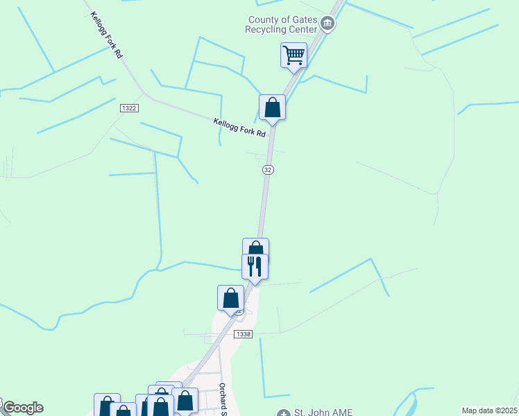 map of restaurants, bars, coffee shops, grocery stores, and more near 178 North Carolina 32 in Sunbury