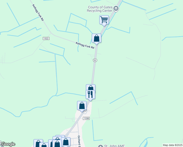 map of restaurants, bars, coffee shops, grocery stores, and more near 178 North Carolina 32 in Sunbury