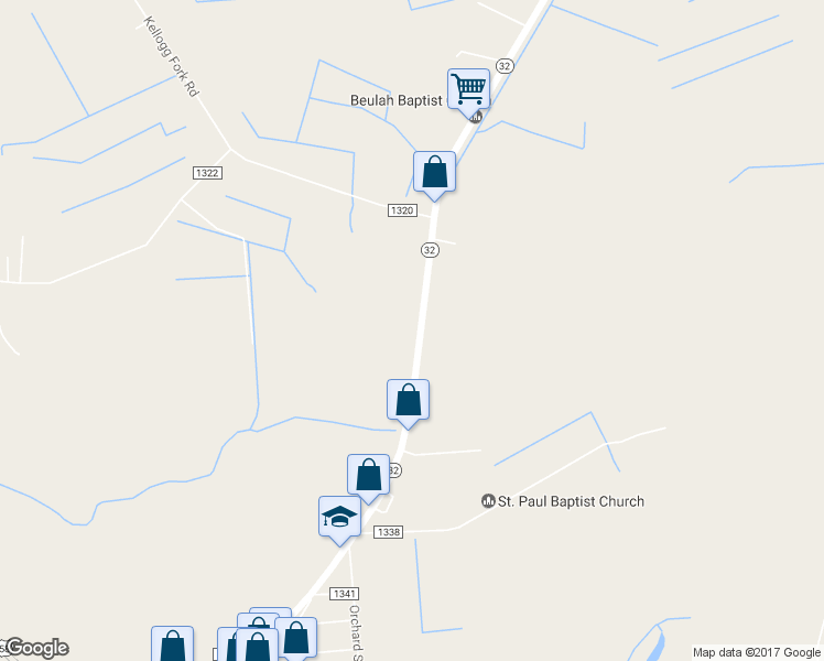 map of restaurants, bars, coffee shops, grocery stores, and more near 178 North Carolina Highway 32 North in Sunbury