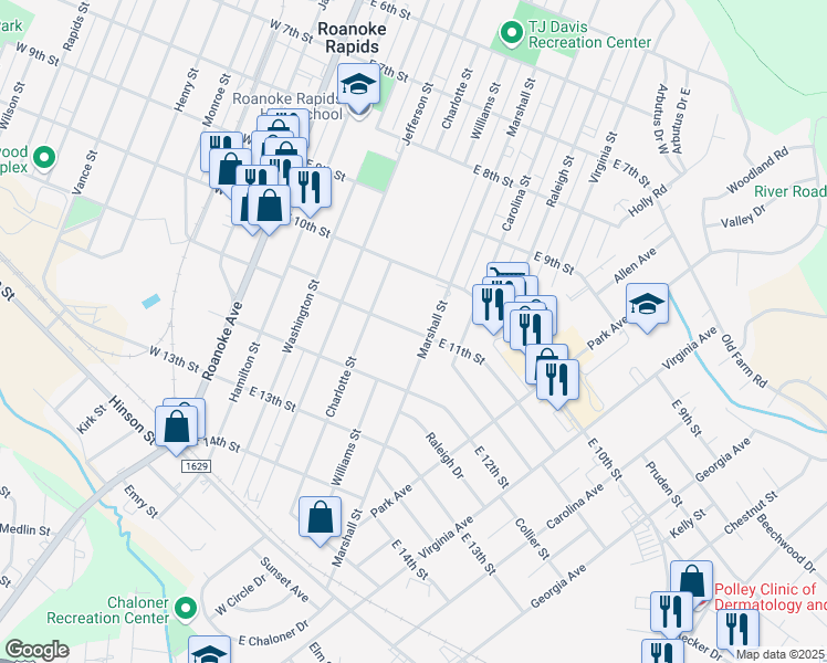 map of restaurants, bars, coffee shops, grocery stores, and more near 500 East 11th Street in Roanoke Rapids