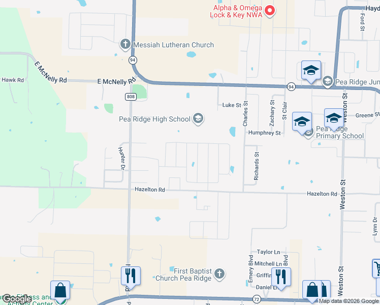 map of restaurants, bars, coffee shops, grocery stores, and more near 1712 Seay Circle in Pea Ridge