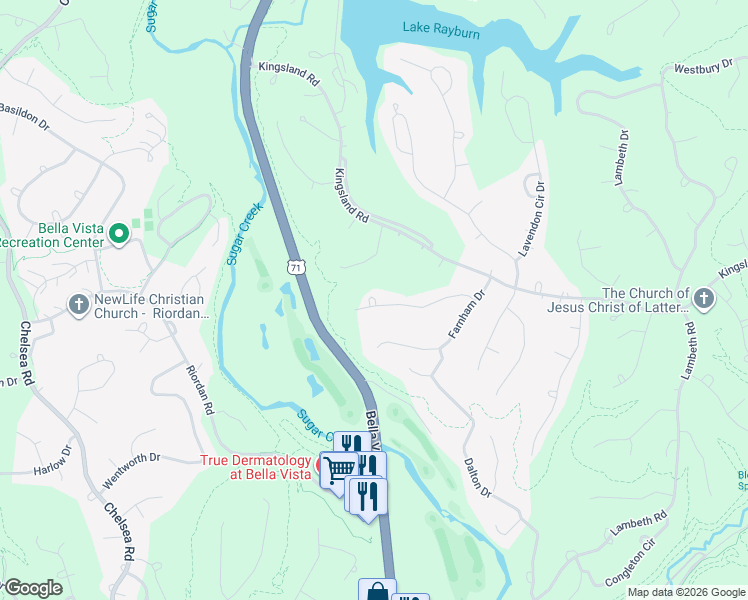 map of restaurants, bars, coffee shops, grocery stores, and more near 4 Claxby Circle in Bella Vista