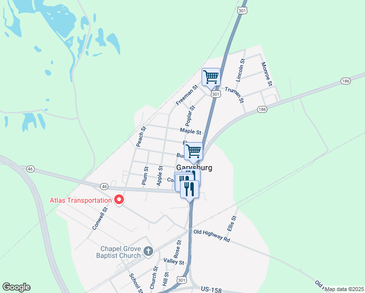 map of restaurants, bars, coffee shops, grocery stores, and more near 201 Elm Street in Weldon