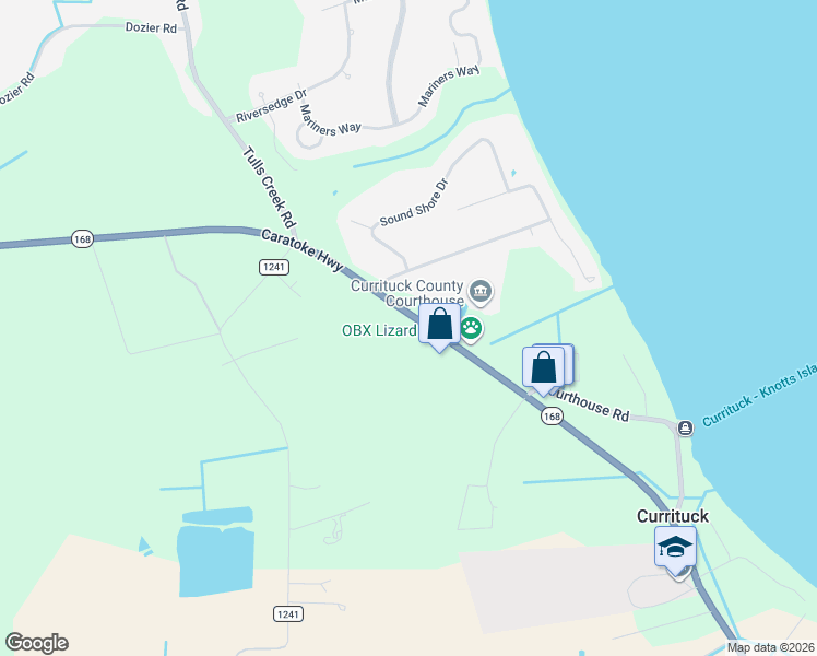 map of restaurants, bars, coffee shops, grocery stores, and more near State Highway 168 in Currituck