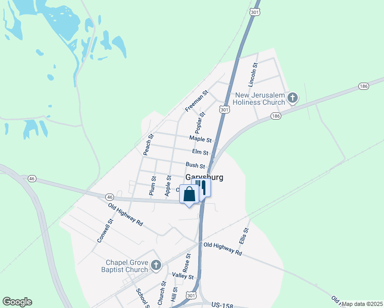 map of restaurants, bars, coffee shops, grocery stores, and more near 201 Elm Street in Weldon