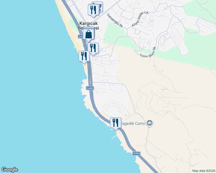 map of restaurants, bars, coffee shops, grocery stores, and more near Altur Sitesi İçi Yolu in Alanya