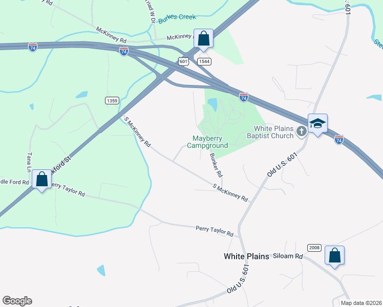 map of restaurants, bars, coffee shops, grocery stores, and more near 161 Rustic Village Trail in Mount Airy