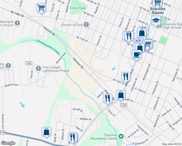 map of restaurants, bars, coffee shops, grocery stores, and more near 1301-1307 Franklin Street in Roanoke Rapids