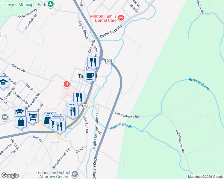 map of restaurants, bars, coffee shops, grocery stores, and more near 1798 Lester Road in Tazewell