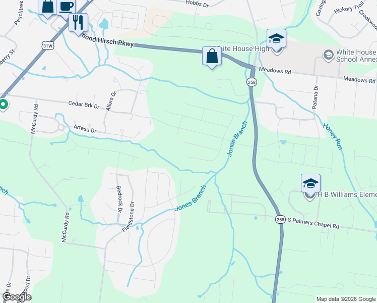 map of restaurants, bars, coffee shops, grocery stores, and more near 629 Tyree Springs Road in White House