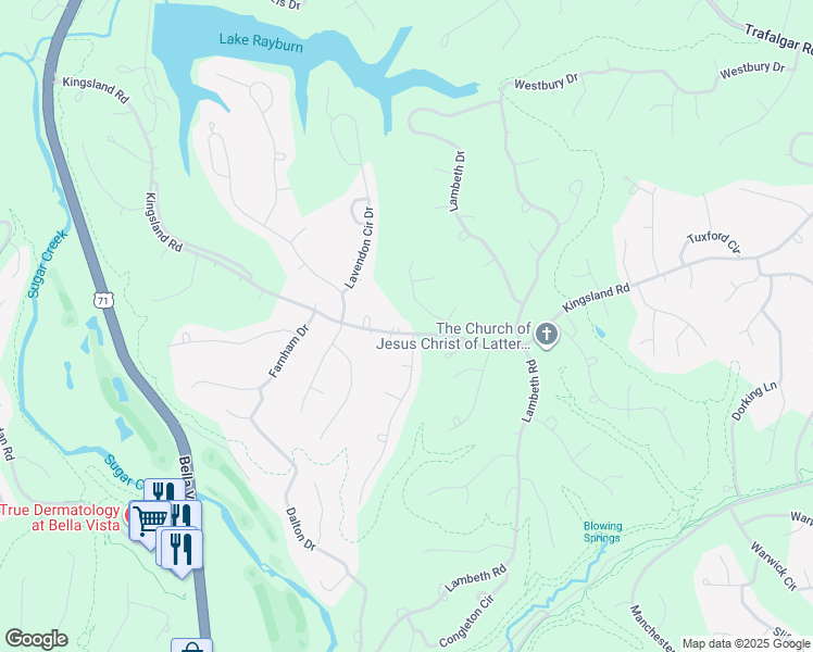 map of restaurants, bars, coffee shops, grocery stores, and more near 3 Donington Lane in Bella Vista