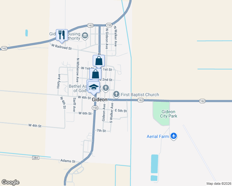 map of restaurants, bars, coffee shops, grocery stores, and more near 253-299 East 3rd Street in Gideon