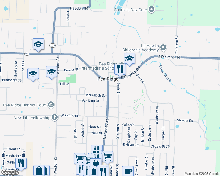 map of restaurants, bars, coffee shops, grocery stores, and more near 214 McIntosh Street in Pea Ridge