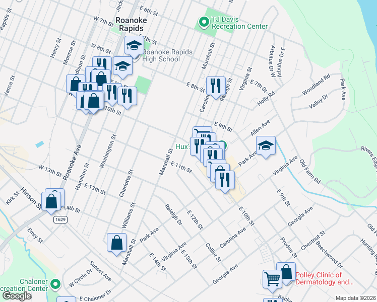map of restaurants, bars, coffee shops, grocery stores, and more near 701-711 East 10th Street in Roanoke Rapids